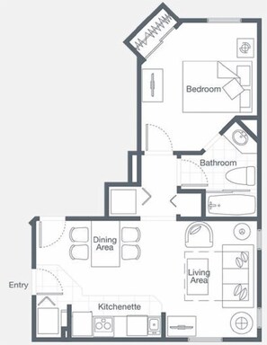 A floor plan of a hotel room with a kitchenette, dining area, bathroom, bedroom, and entry. - 1Br  Sheraton Broadway Myrtle Beach  Sleep/4 (Myrtle Beach)