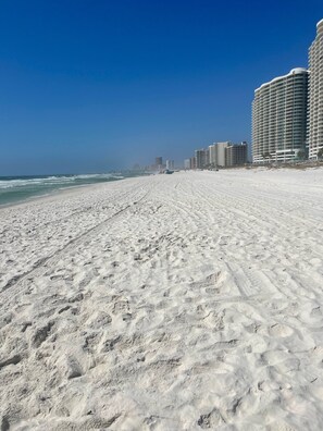 On the beach, sun loungers