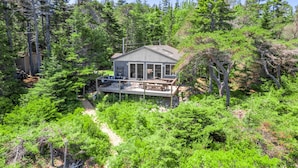A cabin with a deck, surrounded by dense forest.
