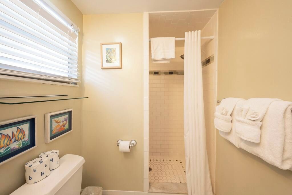 Een badkamer met douche, toilet en handdoekhouder.