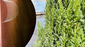 A modern interior with a metallic sculpture and a neatly trimmed green hedge. - The Prime Delhi (New Delhi)