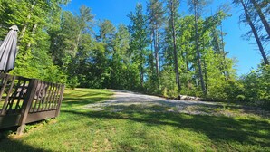 A paved pathway leading through a grassy area with a wooden fence and an umbrella on the left.