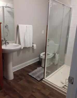 Combined shower/tub, hair dryer, towels, soap