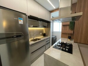 Fridge, microwave, oven, stovetop