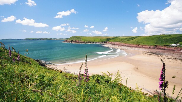 A coastal landscape with a sandy beach, grassy hills, and a clear blue sky. - 4 bedroom accommodation in Manorbier (Manorbier)