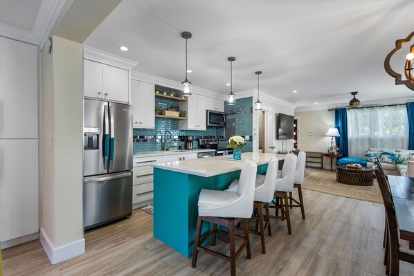 Fridge, microwave, oven, stovetop