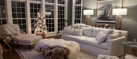 Smart TV, fireplace, books, printers