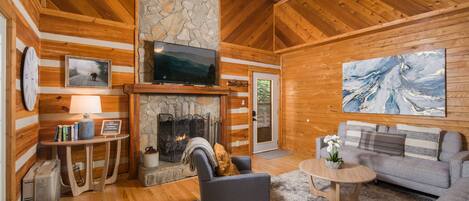 Smart TV, caminetto, libri