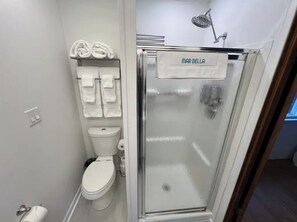 Shower, hair dryer, towels - Palm Tree Room — Elegant British Colonial Luxury with Spacious Comfort (Rehoboth Beach)