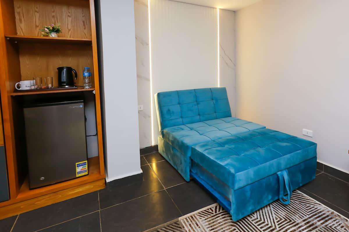 A compact room with a bed, a small refrigerator, a wooden shelf with a plant, and a desk.