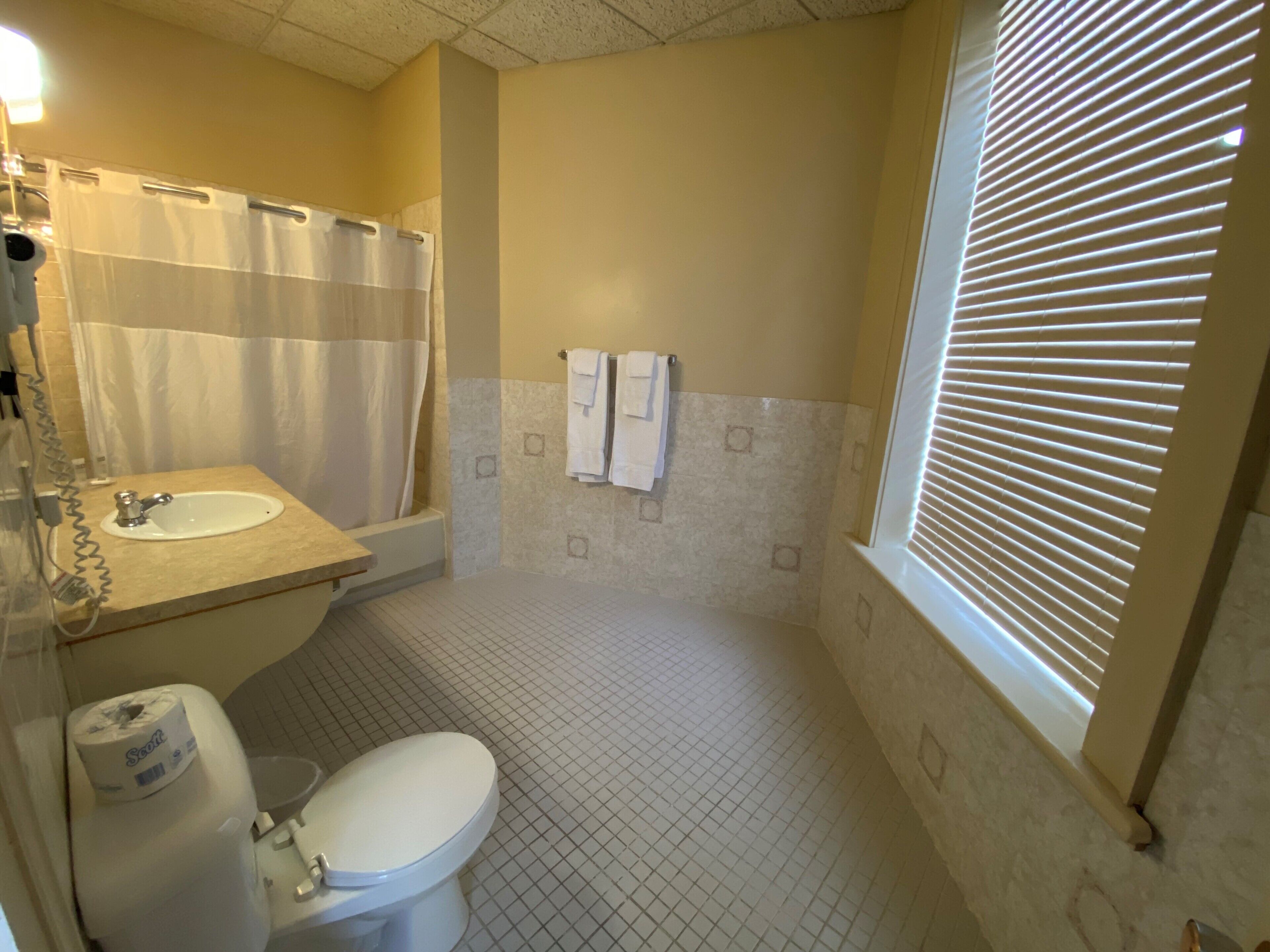 basic king room | bathroom | hair dryer, towels, soap, shampoo