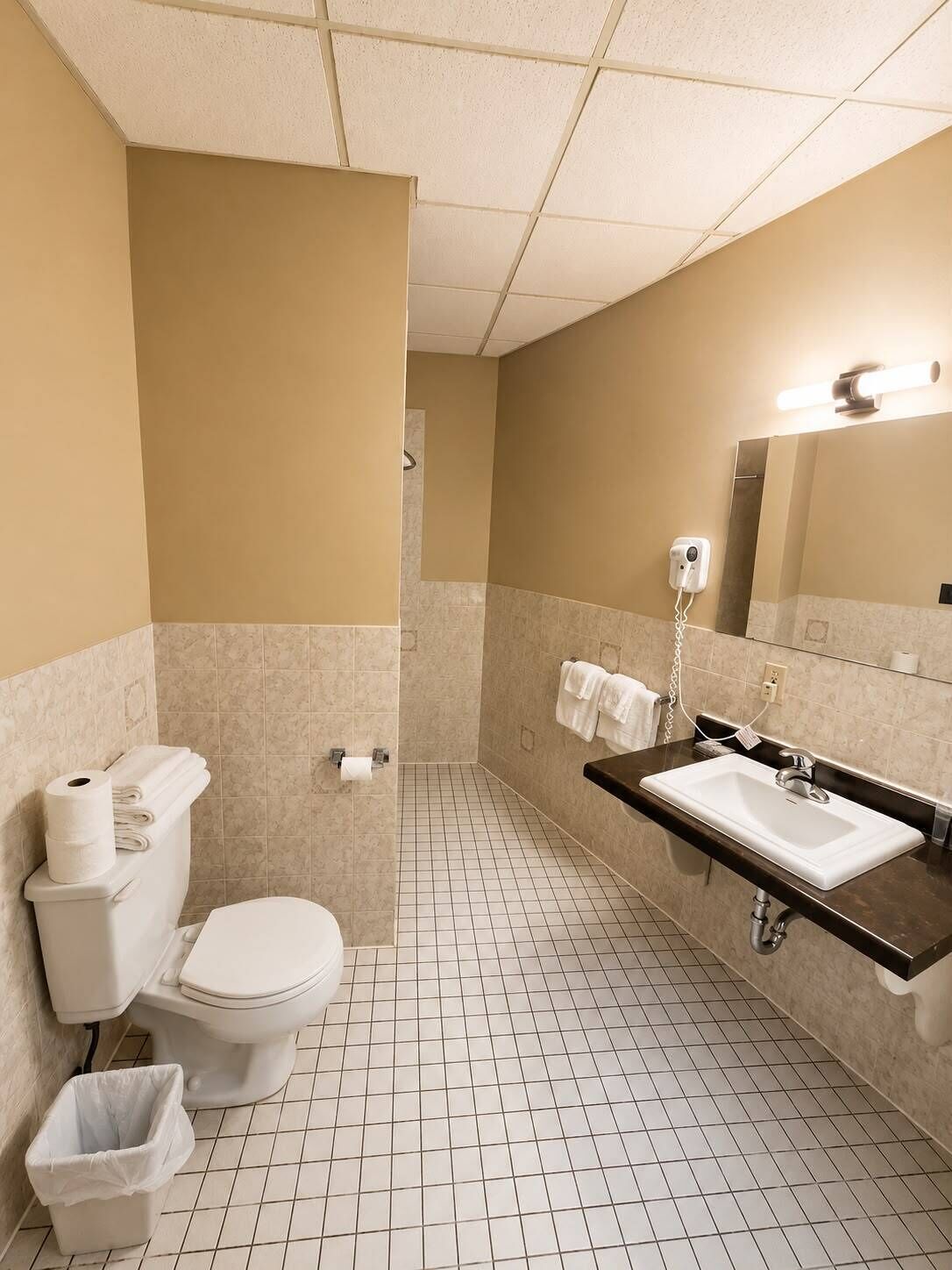 A hotel bathroom with a toilet, sink, and mirror.