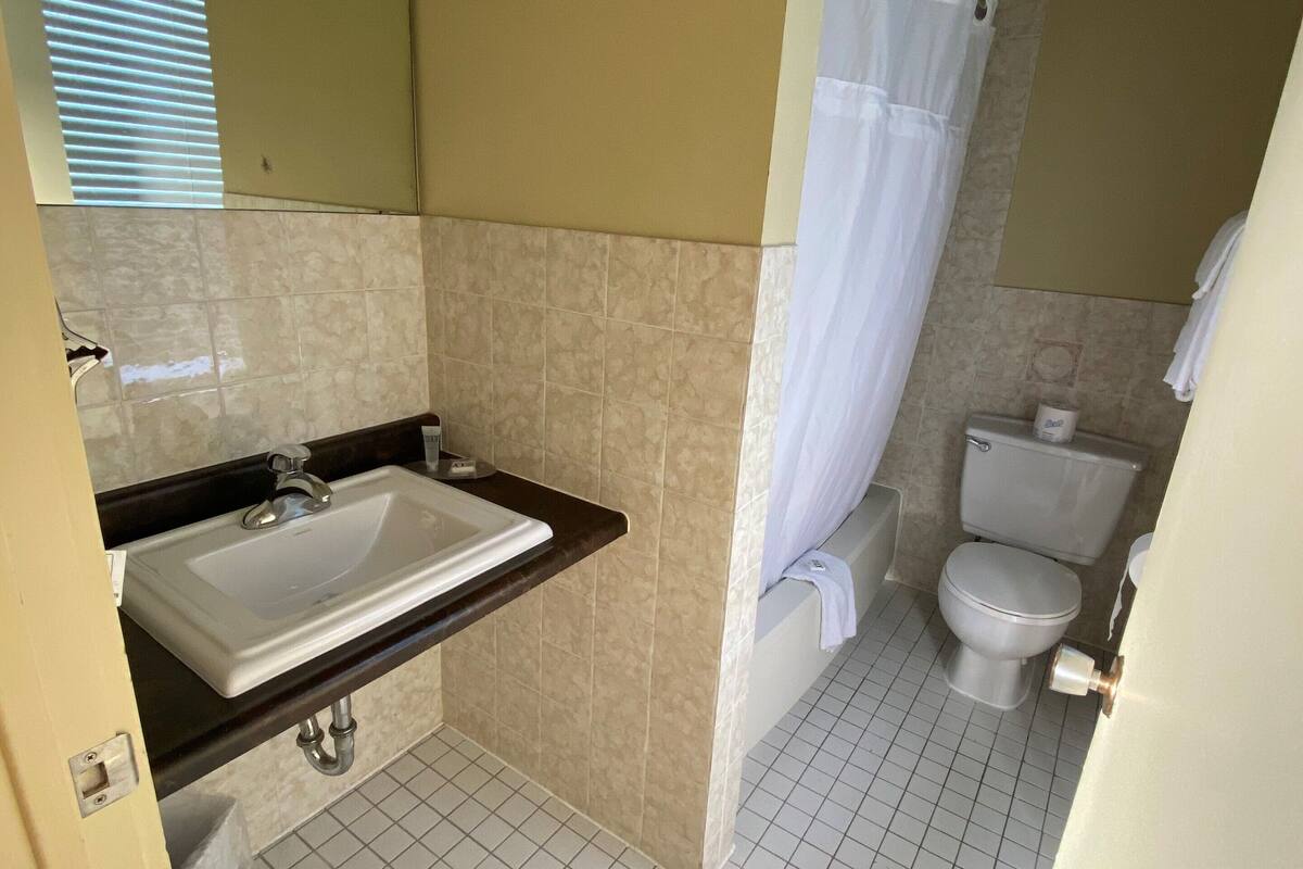 basic single queen room | bathroom | hair dryer, towels, soap, shampoo