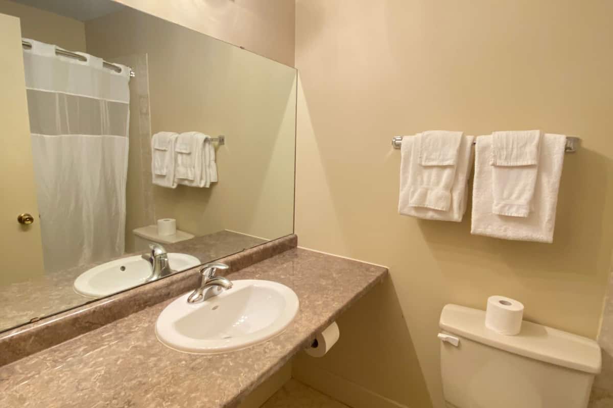 basic single queen room | bathroom | hair dryer, towels, soap, shampoo