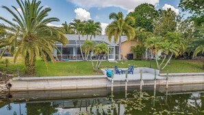 A modern house with a pool, palm trees, and a clear sky.