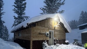 A wooden cabin with a snow-covered roof, surrounded by snow and trees. - Beautiful Cabin located in the Little Belt Mountains (White Sulphur Springs)