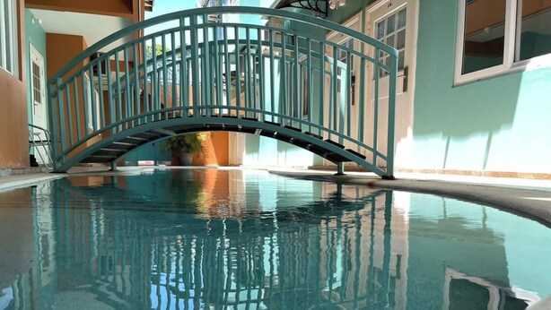 An indoor swimming pool with a curved glass wall and a metal bridge.