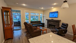 Smart TV, fireplace, video games, DVD player