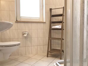 Shower, hair dryer, towels