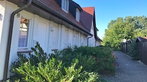 A row of houses with a pathway leading through a garden.