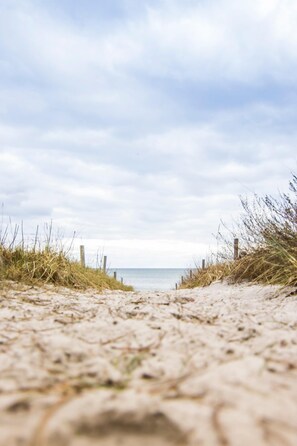 A sandy beach path leading to the sea with wooden posts on either side.