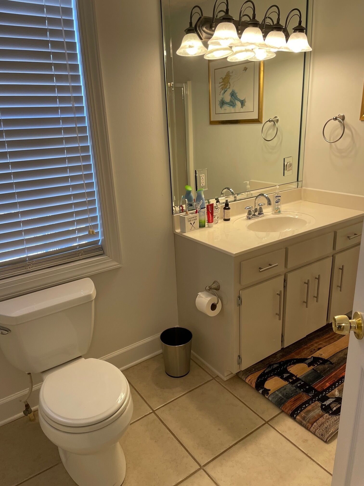 Une salle de bain équipée de toilettes, d’un lavabo, d’un miroir et d’une poubelle.