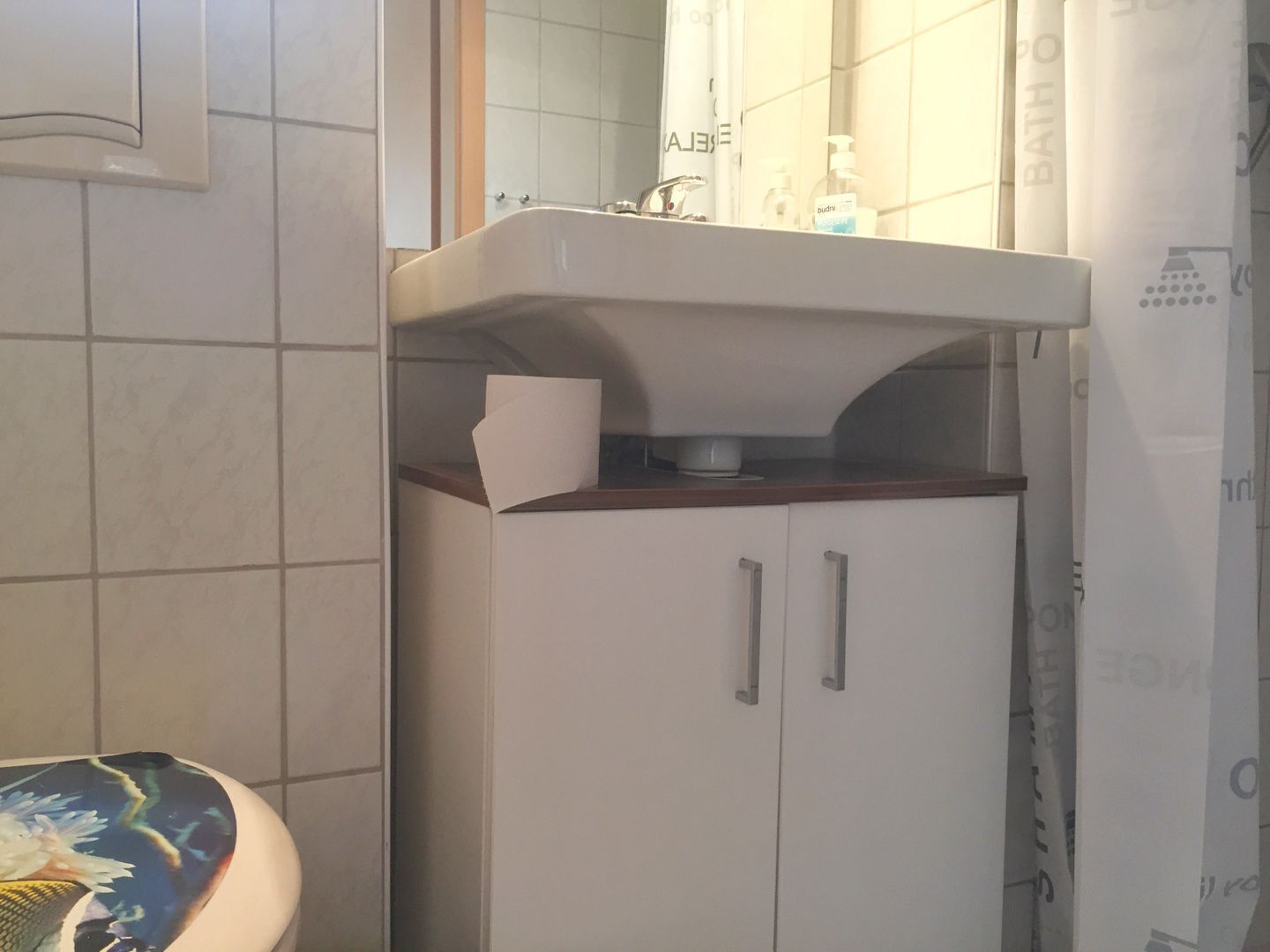 A bathroom with a white sink, a mirror, and a toilet.