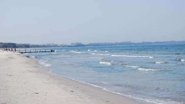 Une plage avec une jetée en bois qui s’avance dans des eaux calmes, un ciel dégagé et une côte lointaine bordée d’arbres.
