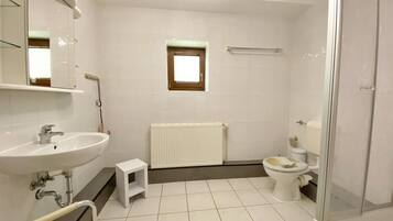 Ein modernes Badezimmer mit Waschbecken, Spiegel, Toilette und Dusche.