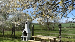 A picnic table with a grill and a chimney structure in a grassy area with blooming trees. - Reethaus Vilmnitz - Ferienwohnung "vilm" - Reethaus Vilmnitz (Putbus)