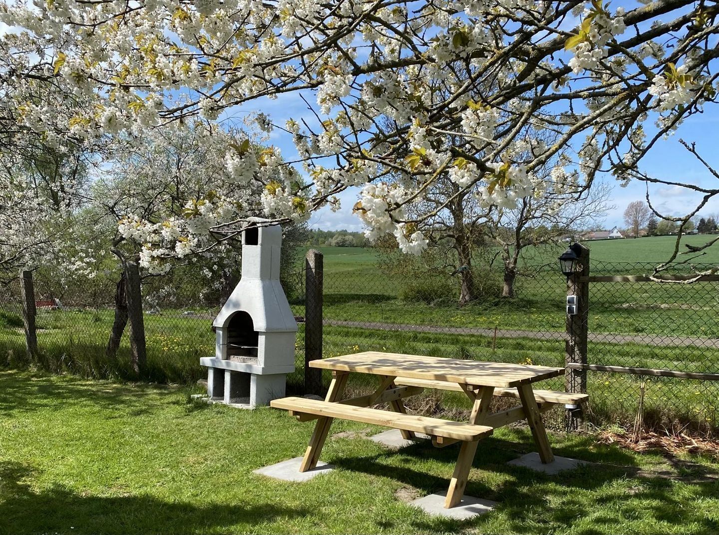 Ein Picknicktisch mit Grill und Schornstein in einer grünen Umgebung mit blühenden Bäumen.