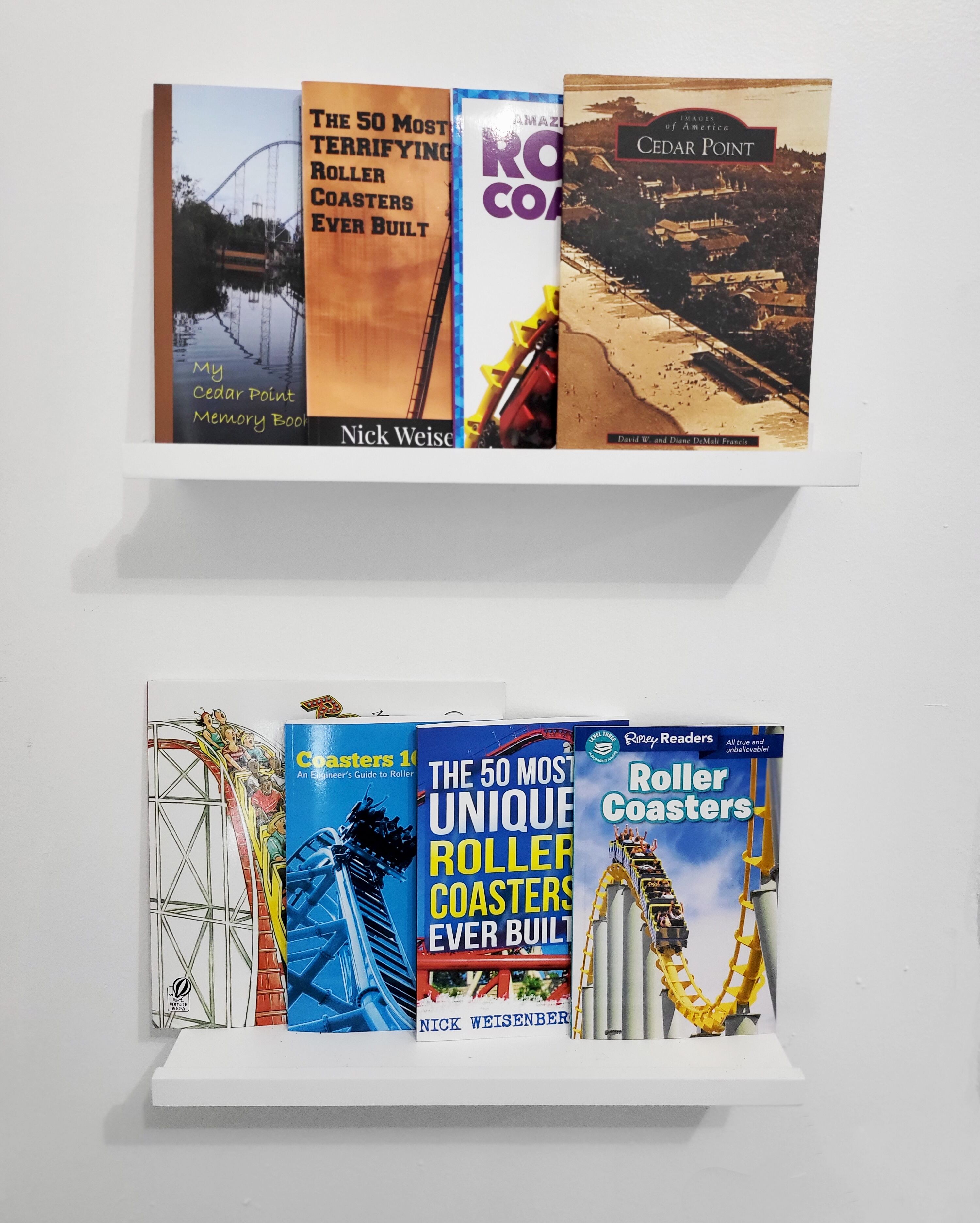 Twee witte planken met boeken over achtbanen.