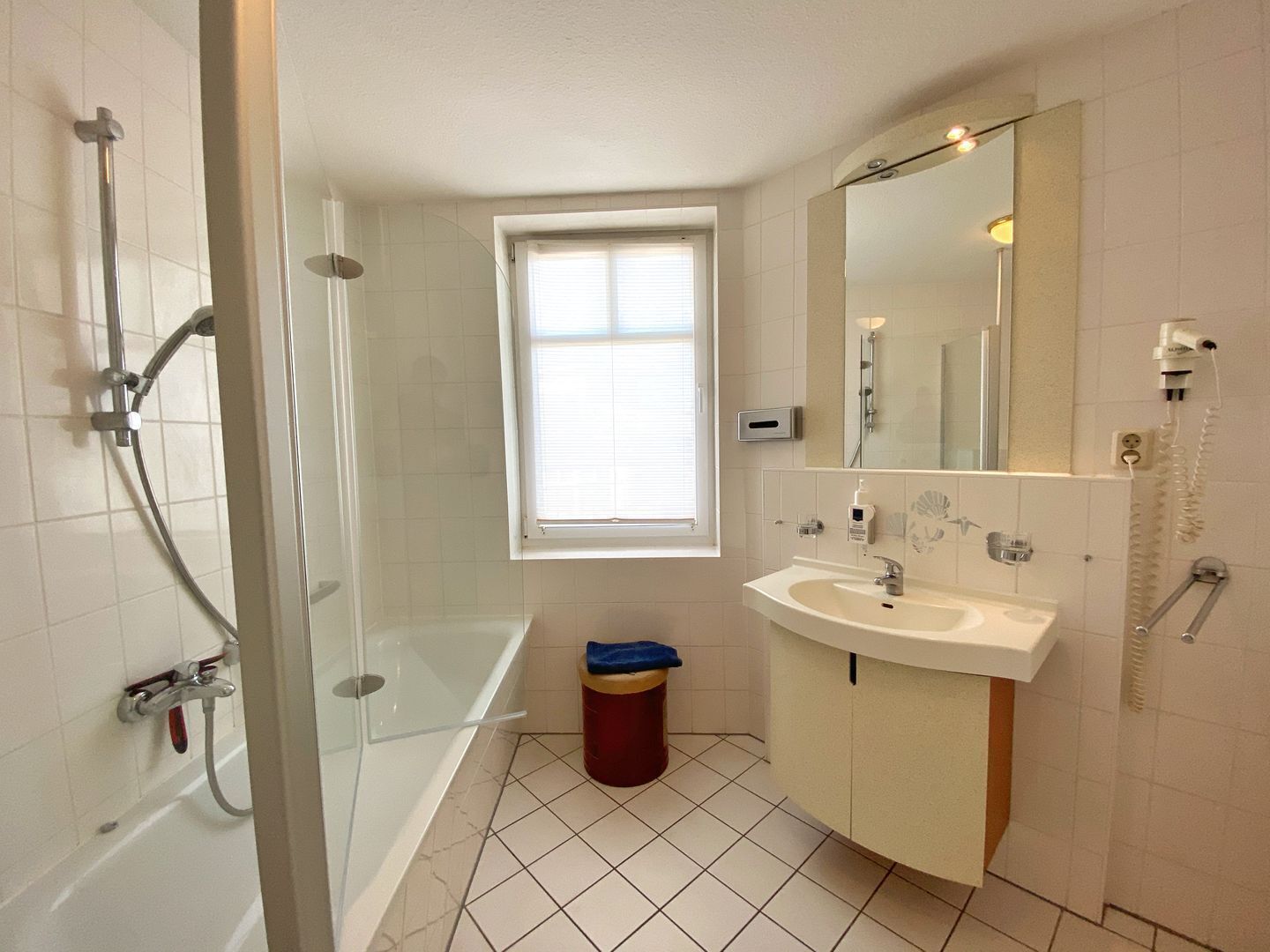 Shower, hair dryer, towels