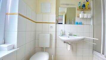 Une petite salle de bain avec des toilettes, un lavabo et une douche.