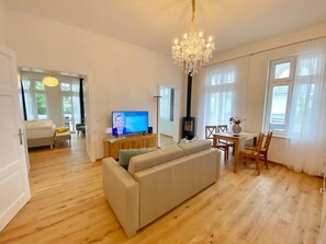 Televisión, chimenea y estéreo 