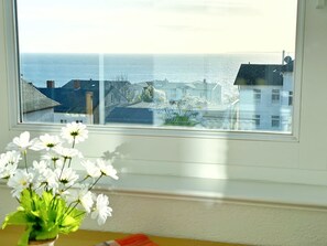 A window with a view of the sea and buildings, a vase with white flowers, and a window sill. - Sea view apartment no. 23 in the Villa Anna in Sassnitz on Rügen - Sassnitz - (Sassnitz)