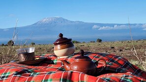 Montaje para un picnic con una manta, un hervidor, una taza y una olla, con una montaña al fondo.