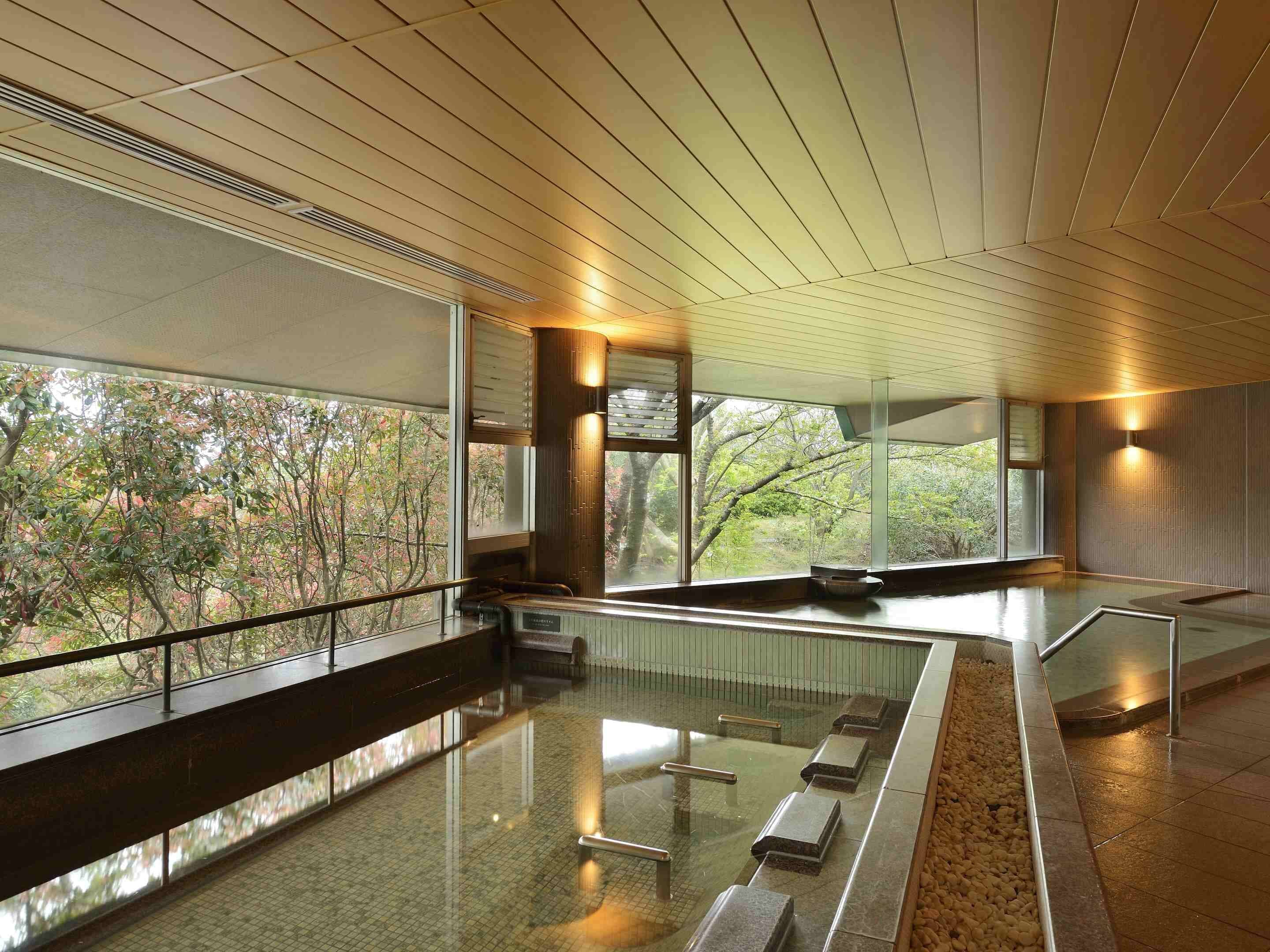 Un intérieur moderne avec de grandes fenêtres, une piscine en verre et un plafond en bois.