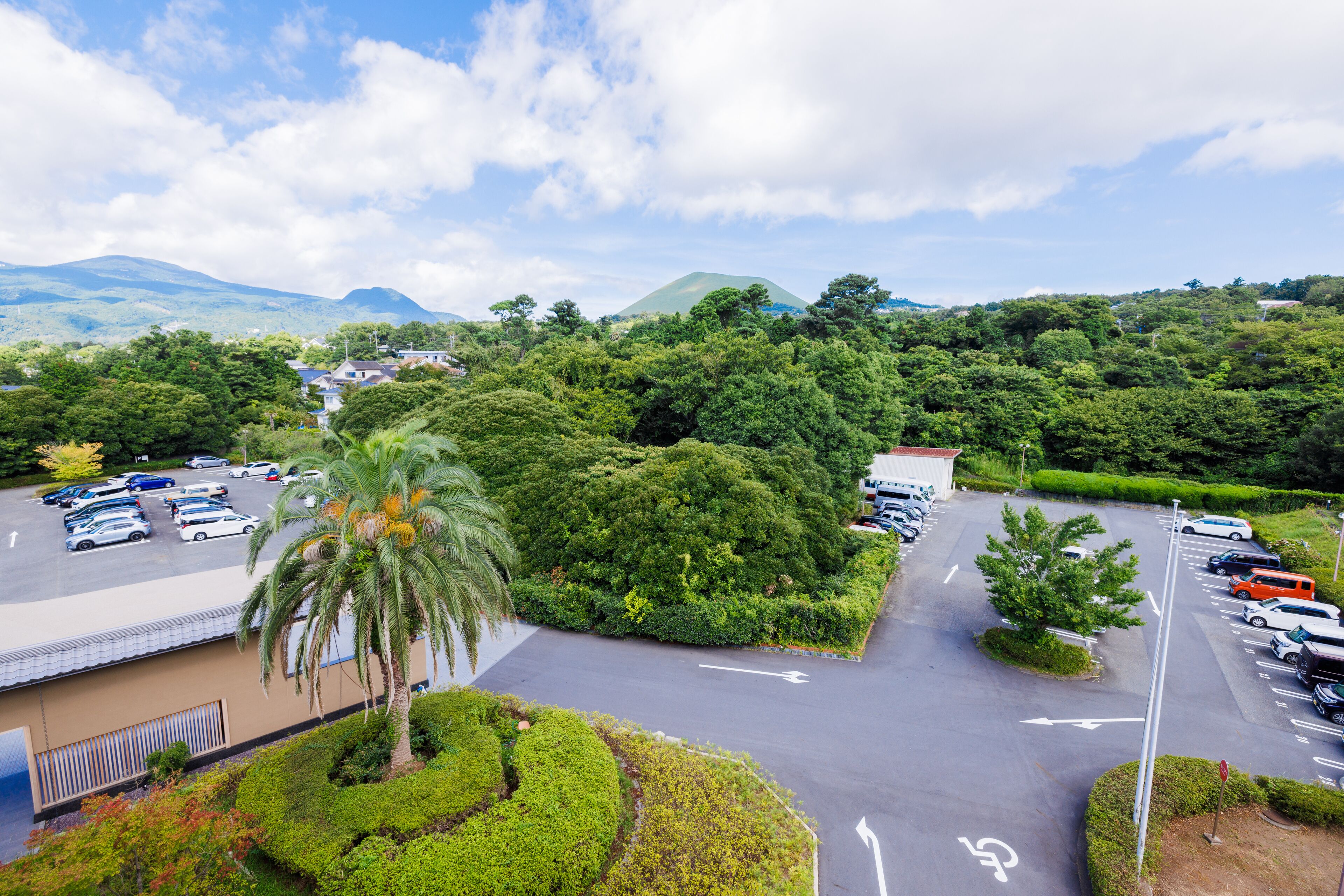 A parking lot with cars, surrounded by lush greenery and a mountain in the background.