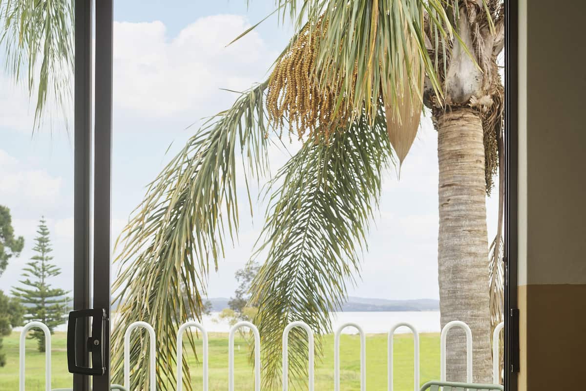 Habitación con balcón que incluye una mesa y dos sillas, vista a una calle y una palmera.