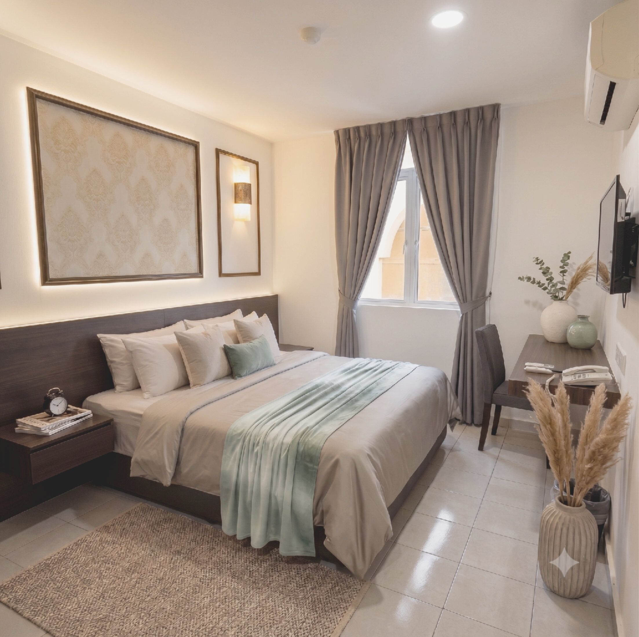 A neatly arranged bedroom with a bed, bedside table, lamp, and a window with curtains.