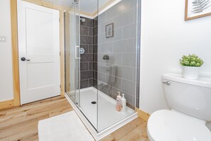 Combined shower/tub, soap, shampoo, toilet paper