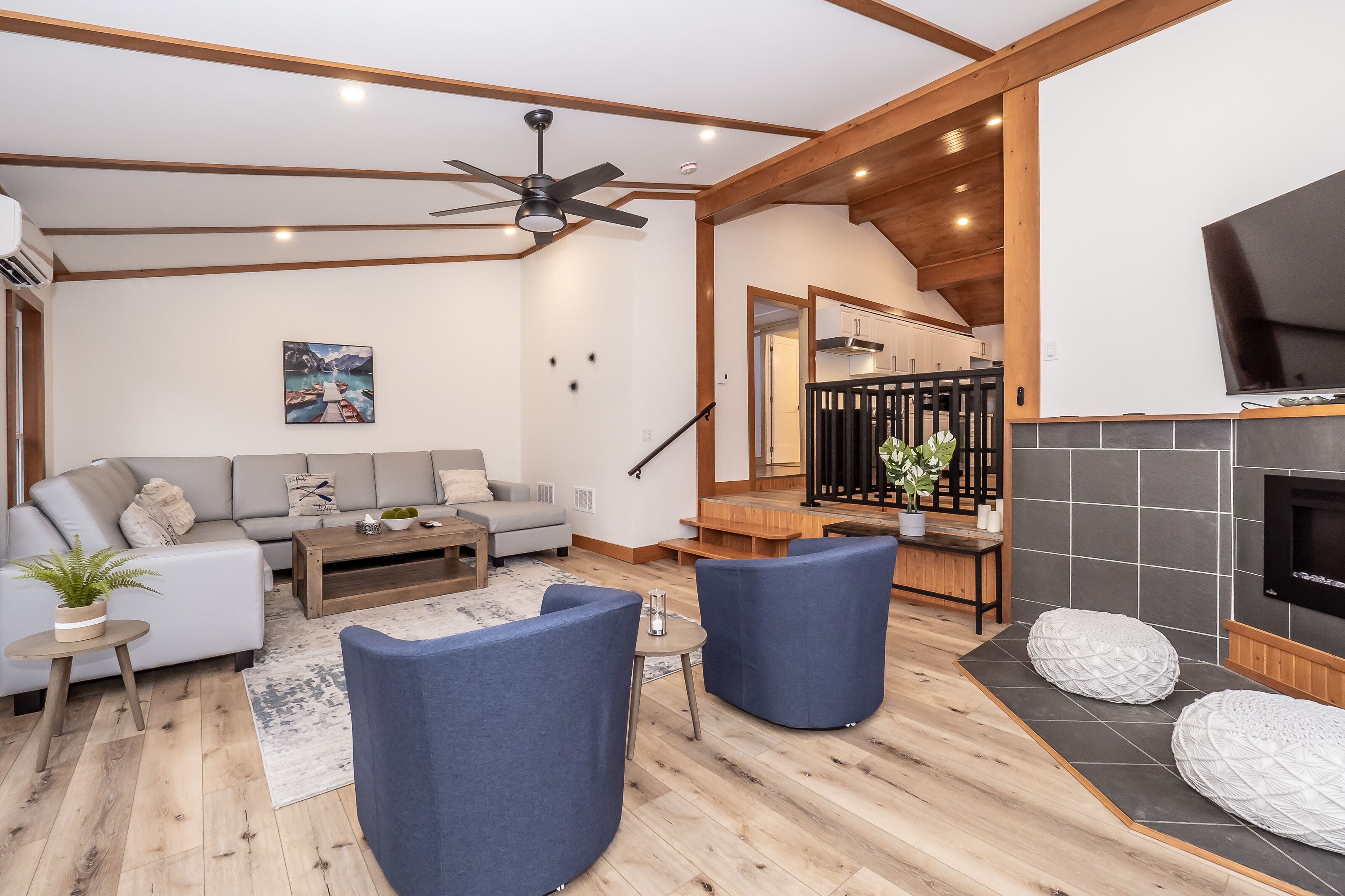 Smart TV, fireplace, video games, foosball