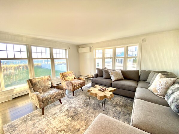 Smart TV, fireplace, table football, books