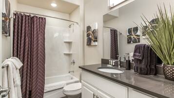 Combined shower/tub, hair dryer, towels, soap