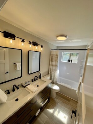 Bathtub, hair dryer, towels, soap