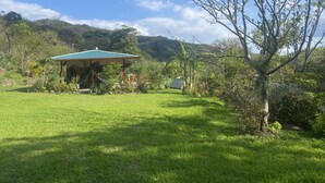 Una estructura de madera rústica con techo verde, rodeada de abundante vegetación y un paisaje montañoso al fondo.