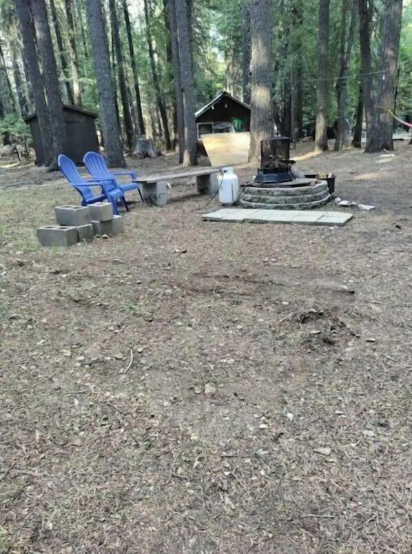 A campsite with blue chairs, a small wooden structure, and a fire pit area.