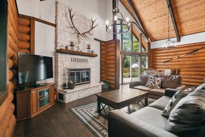 Flachbildfernseher, Kamin, Bücher