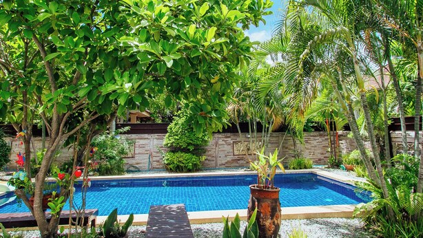 Una piscina rodeada de exuberante vegetación, una terraza de madera y un muro de piedra.